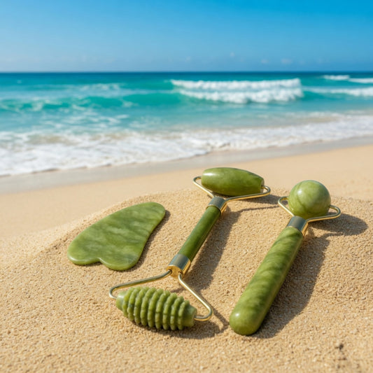 jade roller and gua sha facial massage skincare tool set for glowing skin